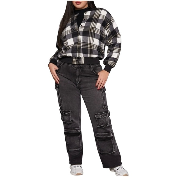 Plaid Black and White Women's Jacket, Plus Size 1X - Picture 3 of 9